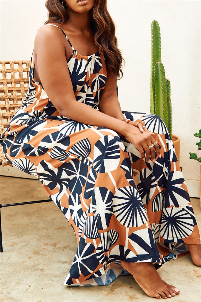 Casual Vacation Simplicity Print Backless O Neck Loose Jumpsuits
