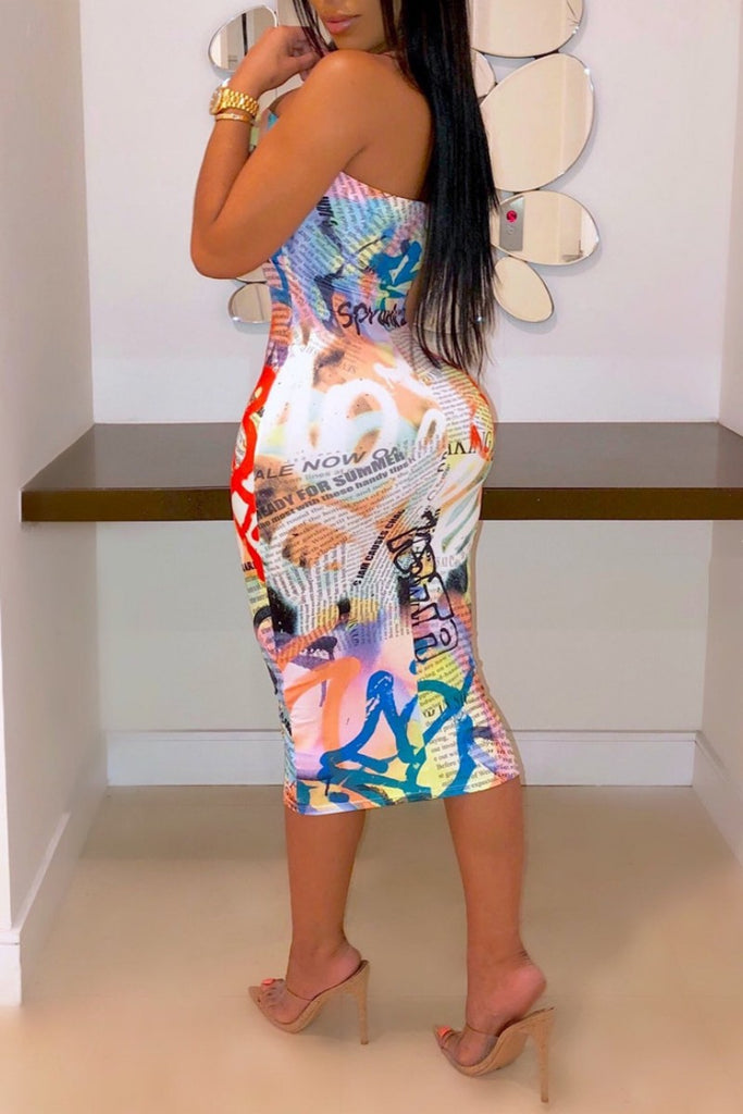 Sexy Casual Print Backless Strapless Sleeveless Dress Dresses