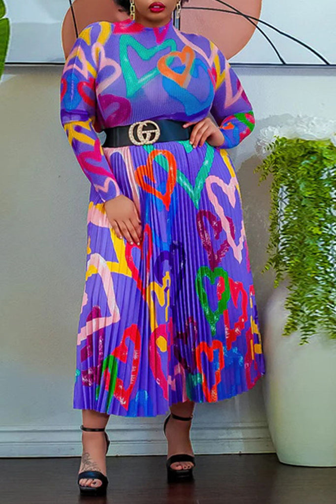 Casual Print Patchwork Fold Without Belt O Neck Long Sleeve Two Pieces(Without Belt)