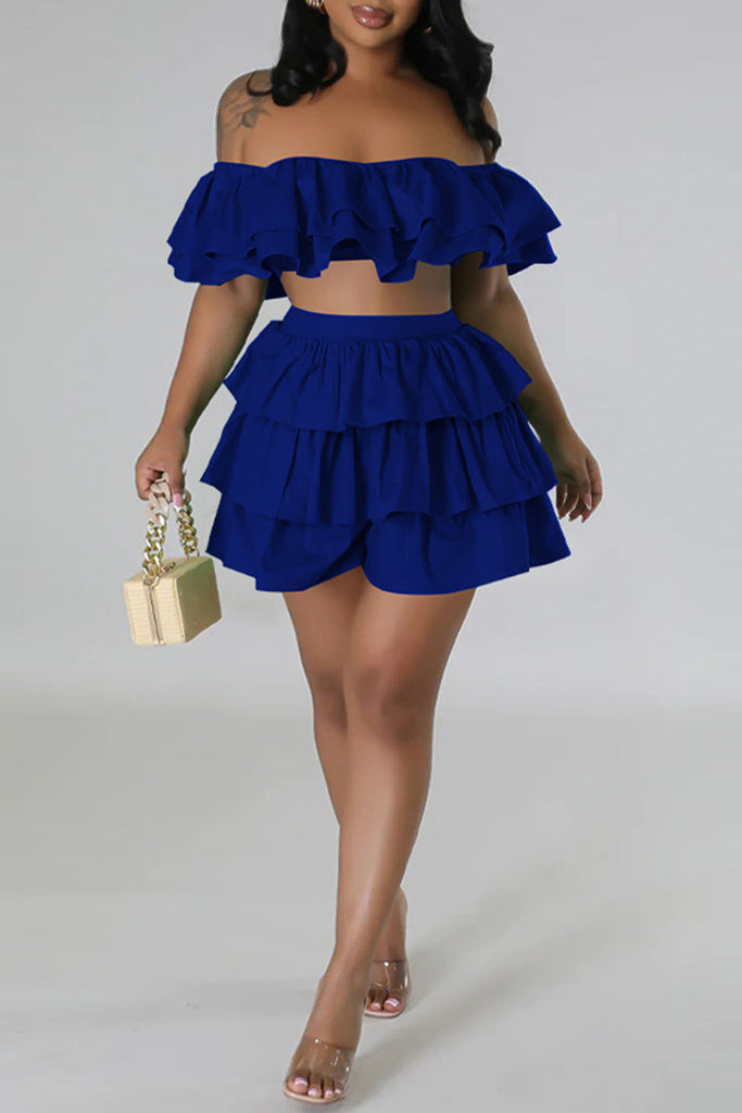 Sexy Street Solid Patchwork Flounce Off the Shoulder Short Sleeve Two Pieces