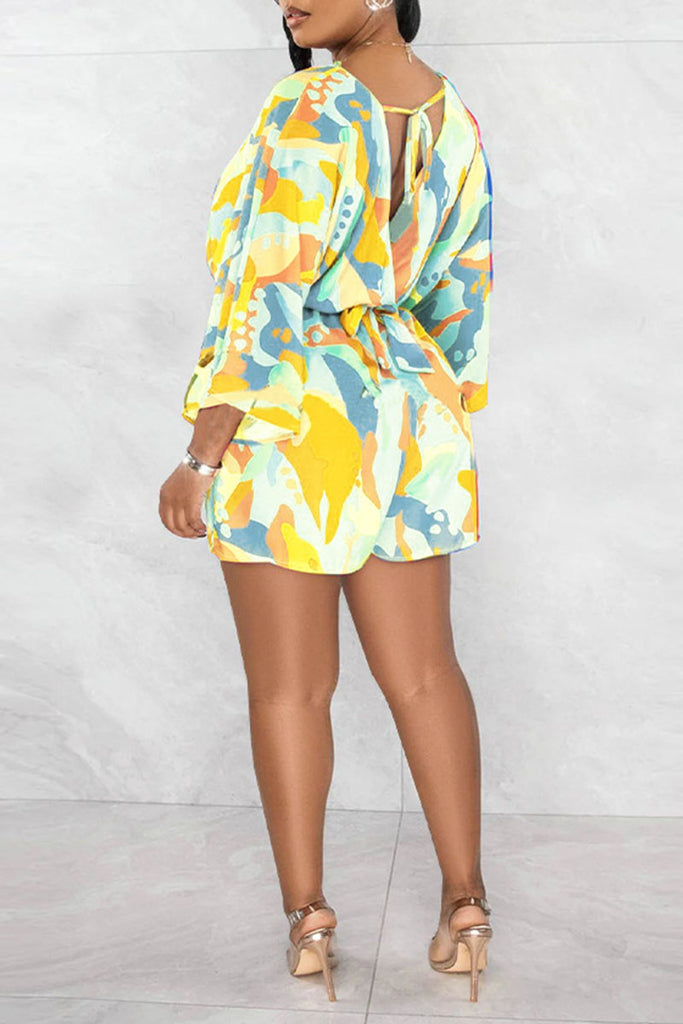 Sexy Print Patchwork With Belt V Neck Loose Rompers(With A Belt)