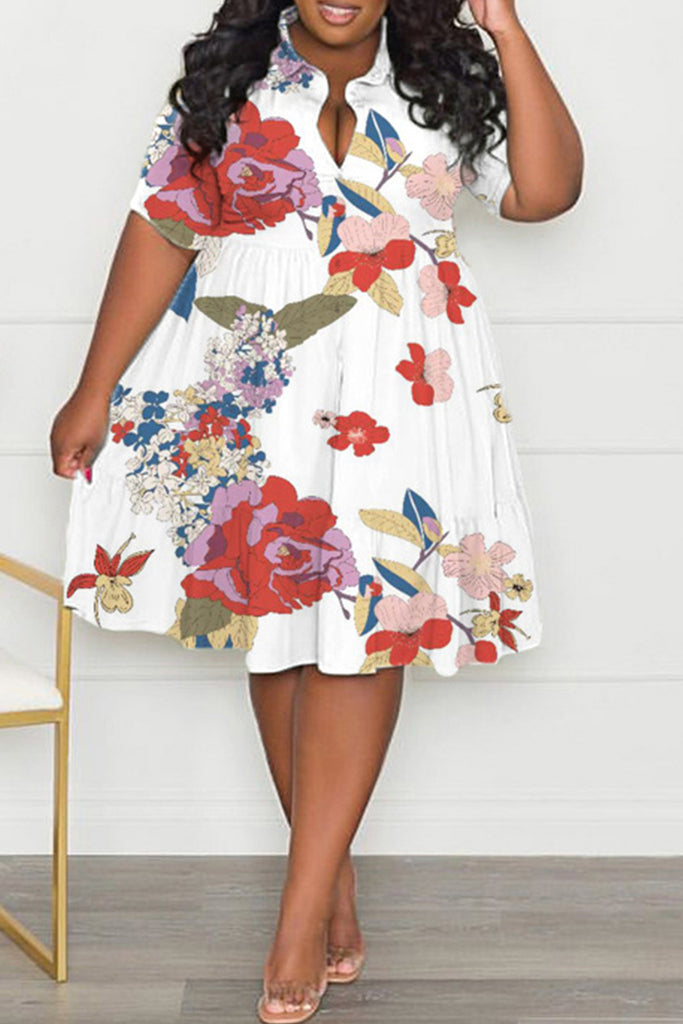 Casual Print Patchwork Fold Turndown Collar A Line Plus Size Dresses