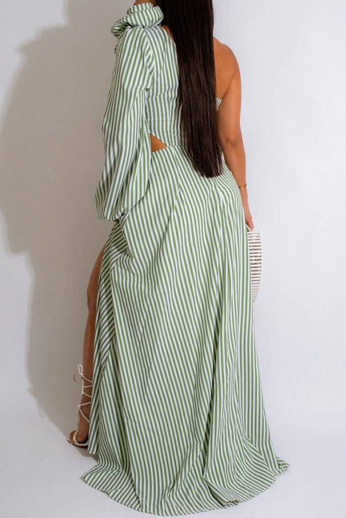 Casual Striped Print Hollowed Out Backless Slit Oblique Collar Long Dress Dresses