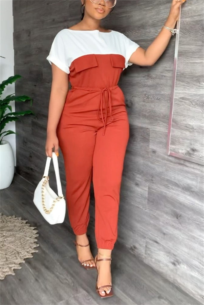Casual Simplicity Solid Patchwork Solid Color Contrast Boat Neck Regular Jumpsuits