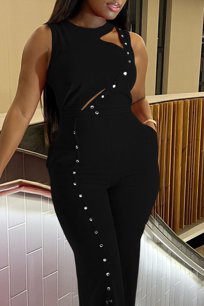 Elegant Solid Hollowed Out Patchwork Buttons O Neck Straight Jumpsuits
