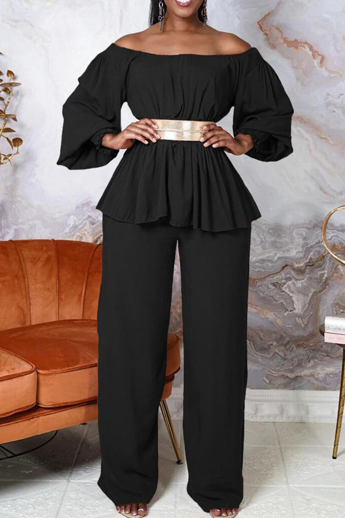 Casual Solid Patchwork With Belt Off the Shoulder Long Sleeve Two Pieces(With A Belt)