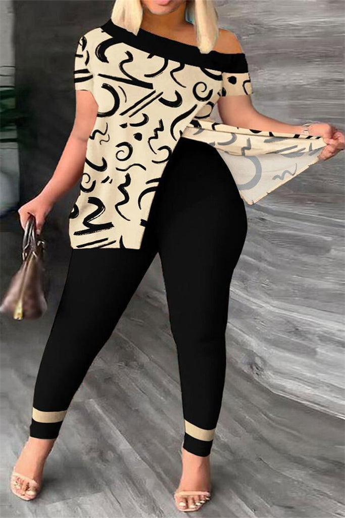 Sexy Casual Print Printing Contrast Off the Shoulder Short Sleeve Two Pieces