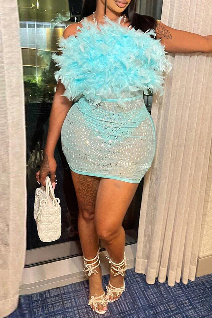 Sexy Party Elegant Formal Patchwork See-through Feathers Hot Drill Strapless Evening Dress Dresses
