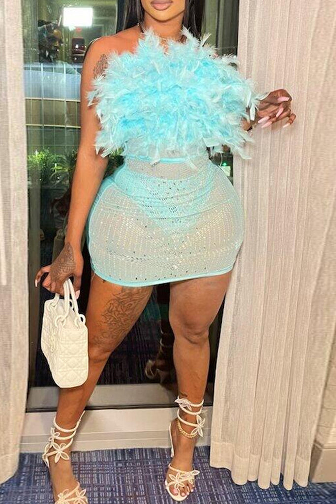 Sexy Party Elegant Formal Patchwork See-through Feathers Hot Drill Strapless Evening Dress Dresses