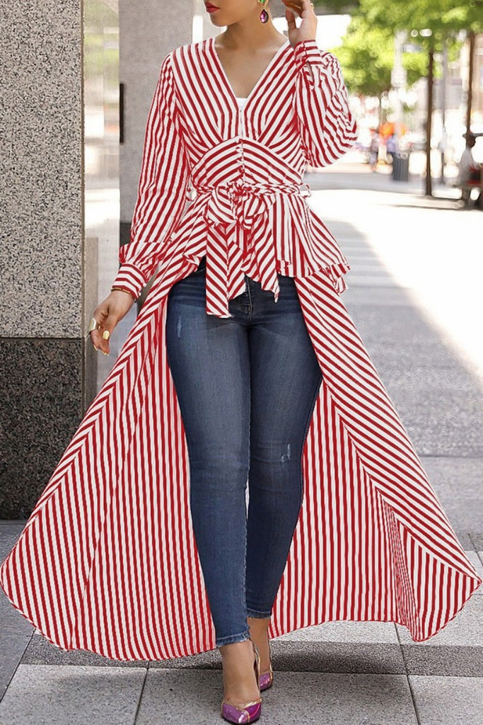 Casual Striped Print Patchwork V Neck Tops