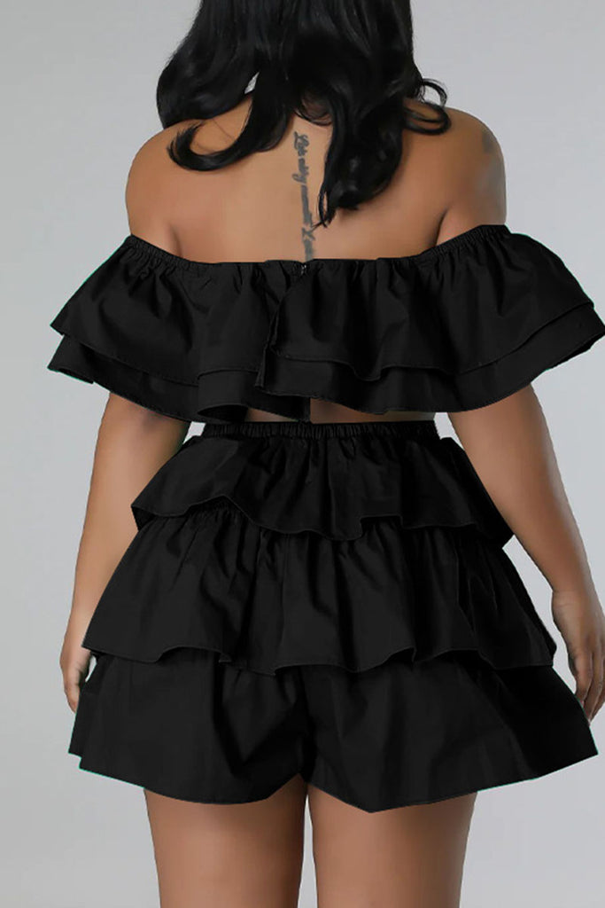 Sexy Street Solid Patchwork Flounce Off the Shoulder Short Sleeve Two Pieces