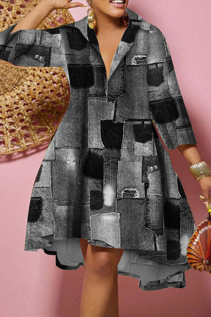 Casual Print Patchwork Turndown Collar A Line Dresses