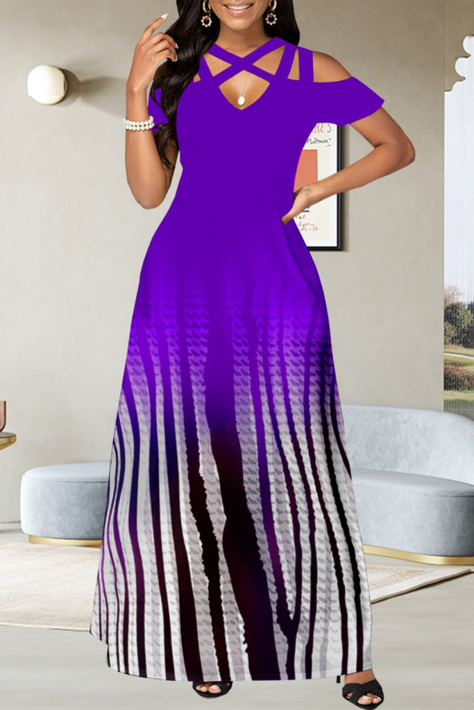 Casual Print Hollowed Out V Neck Long Dress Dresses