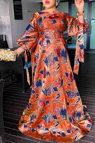 Vintage Lantern Sleeve Printed Casual Loose O Neck A-Line Dresses