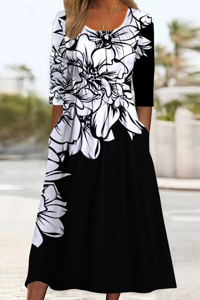 Black & White Floral Shadows Long Sleeve Scoop Neck Midi Dress