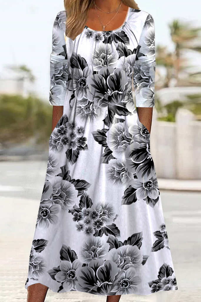 Black & White Floral Shadows Long Sleeve Scoop Neck Midi Dress