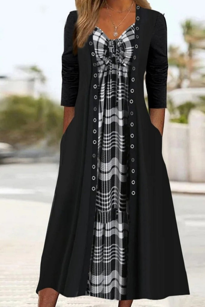 Women's Long Sleeve V-neck Plaid Printed Midi Dress