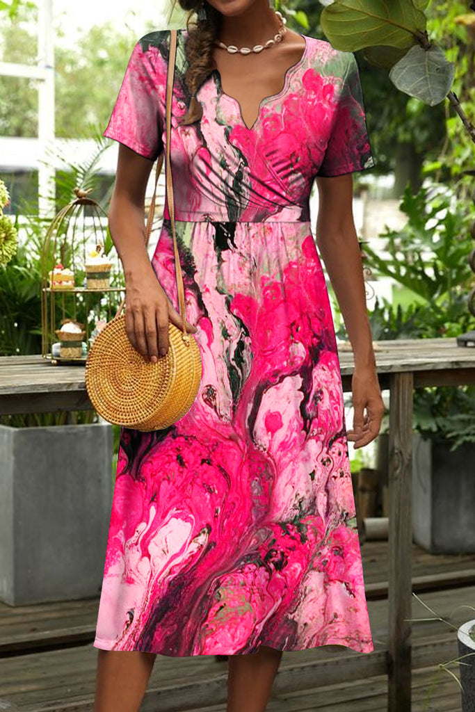 Floral Print Short Sleeve V-Neck Midi Dress