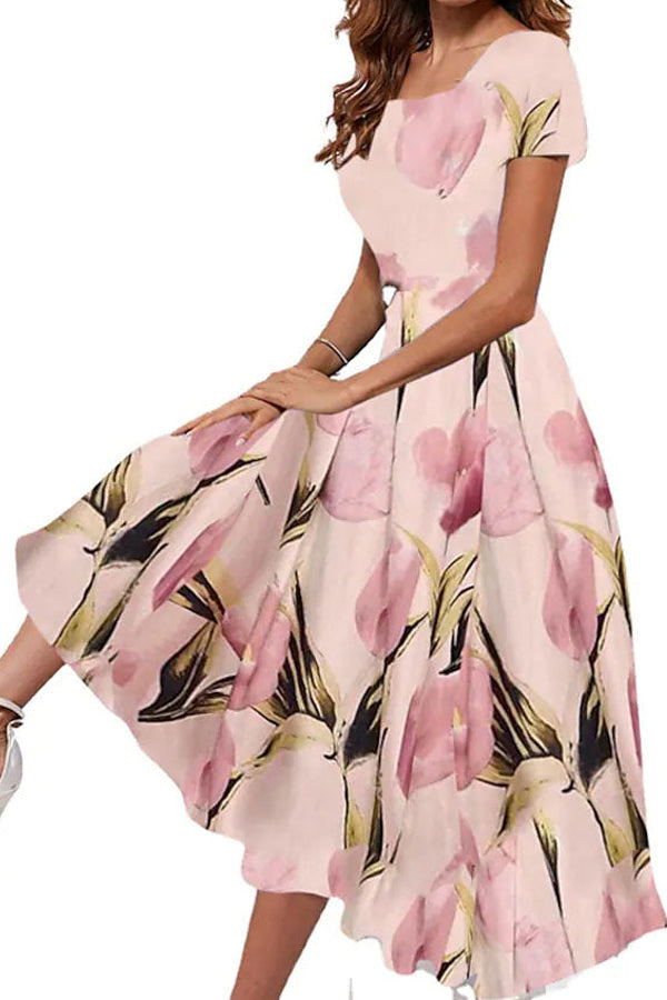 A Line Dress Knee Length Dress Pink Short Sleeve Floral Print Square Neck Elegant Vintage Loose Midi Dresses