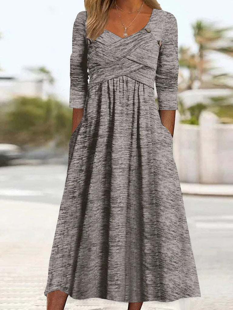 Women's Long Sleeve V-neck Cross Design Midi Dress