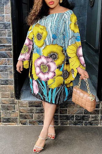 Vintage Floral Printed Long Flare Sleeve Shirt Party Madi Dress