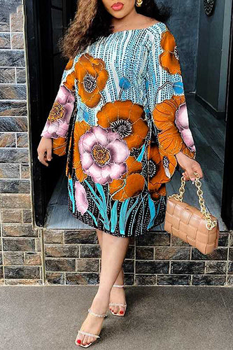 Vintage Floral Printed Long Flare Sleeve Shirt Party Madi Dress