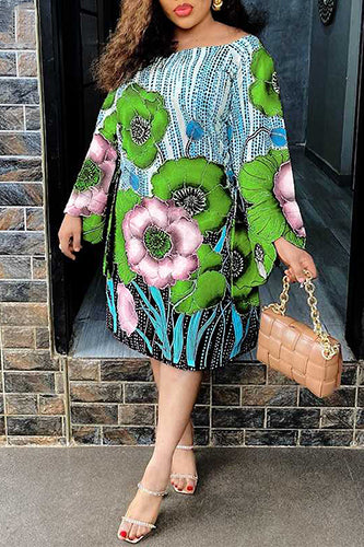 Vintage Floral Printed Long Flare Sleeve Shirt Party Madi Dress