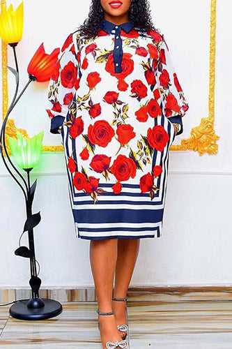 Elegant Plus Size Long Sleeve Lapel Flower Printed Dresses