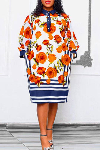 Elegant Plus Size Long Sleeve Lapel Flower Printed Dresses