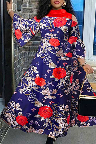 Vintage Long Flare Sleeve Sexy Off Shoulder Floral Printed Maxi Dress