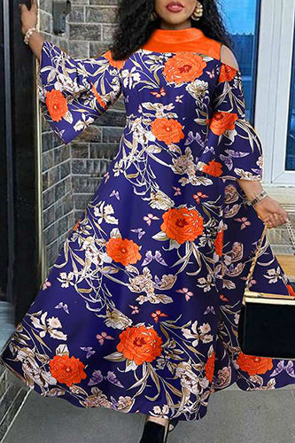 Vintage Long Flare Sleeve Sexy Off Shoulder Floral Printed Maxi Dress