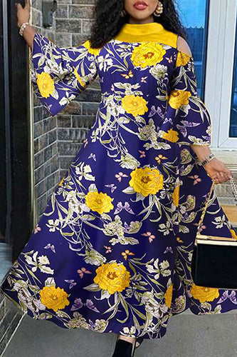 Vintage Long Flare Sleeve Sexy Off Shoulder Floral Printed Maxi Dress