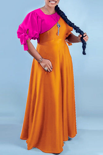 Elegant Puff Sleeve O Neck Color Patchwork Maxi Dress
