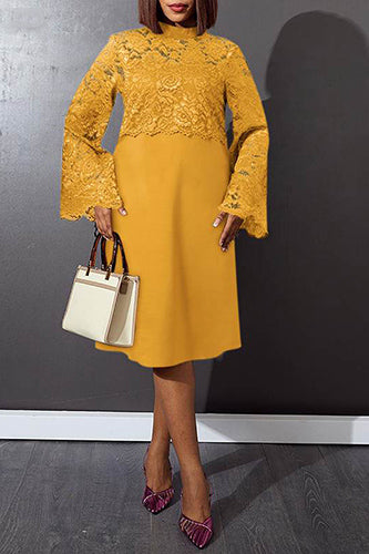 Elegant Long Sleeve Stand Collar Lace Patchwork Midi Dress