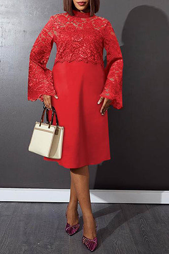 Elegant Long Sleeve Stand Collar Lace Patchwork Midi Dress