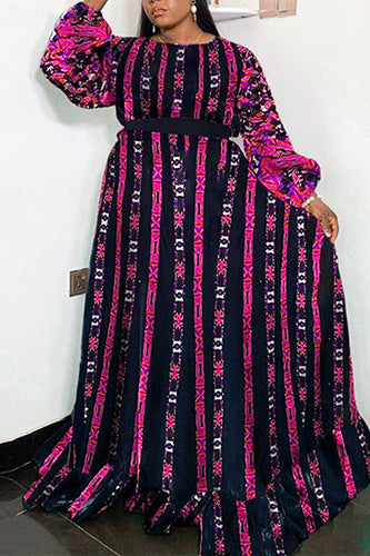 Elegant Sundress O-Neck Printed Plus Size Maxi Dress