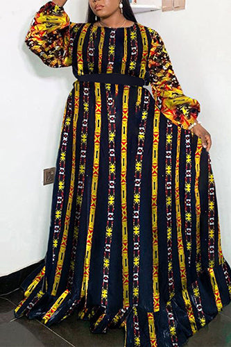 Elegant Sundress O-Neck Printed Plus Size Maxi Dress