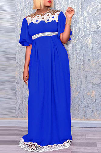 Elegant Lace Short Sleeve Pleated Maxi Dress