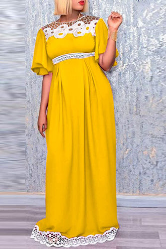 Elegant Lace Short Sleeve Pleated Maxi Dress