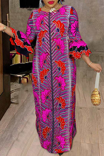 Vintage Round Neck Printed Flare Party Maxi Dress