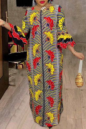 Vintage Round Neck Printed Flare Party Maxi Dress