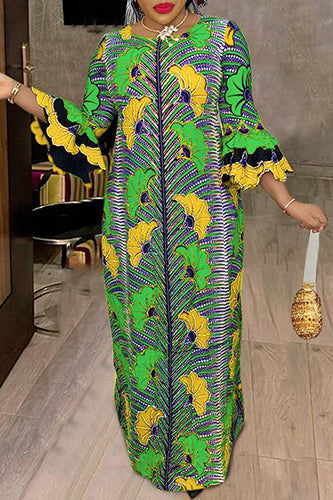 Vintage Round Neck Printed Flare Party Maxi Dress