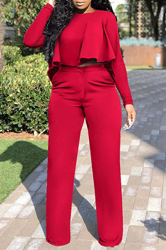Casual Long Sleeve Asymmetrical TopsSolid Color Pant Sets
