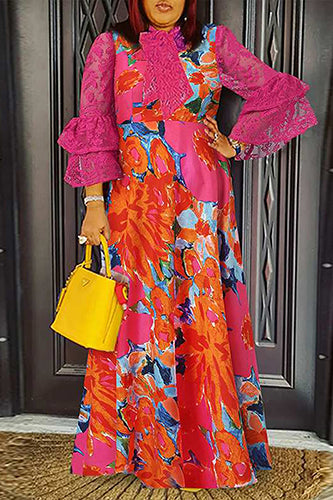 Sexy Floral Printed Flare Sleeve Lace Evening Party Maxi Dresses