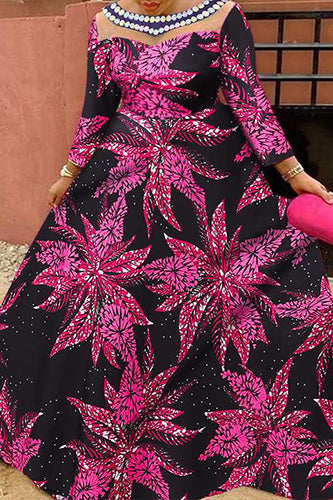 Vintage Mesh Patchwork Casual Floral Printed Maxi Dresses