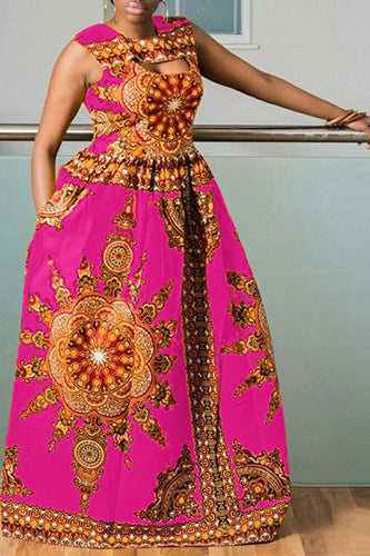 Vintage Printed Sleeveless Hollow Party Maxi Dresses