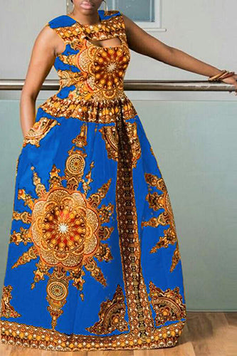 Vintage Printed Sleeveless Hollow Party Maxi Dresses