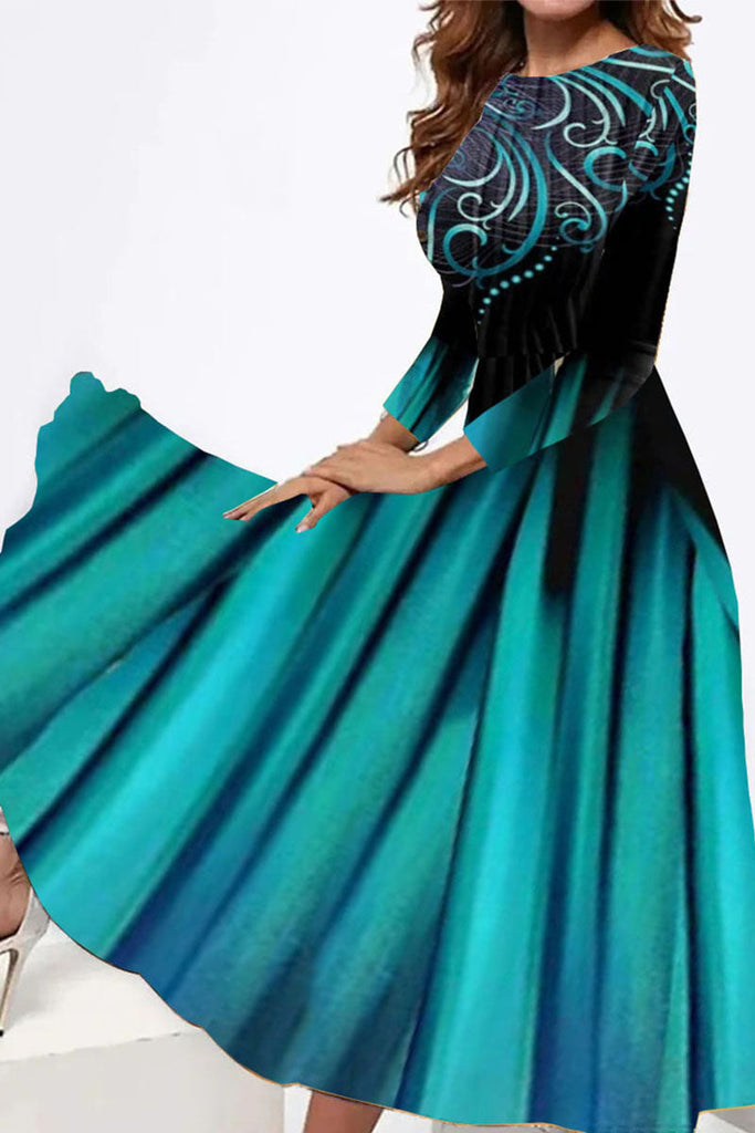 Peacock Blue Women's Long Sleeve Scoop Neck Graphic Midi Dress