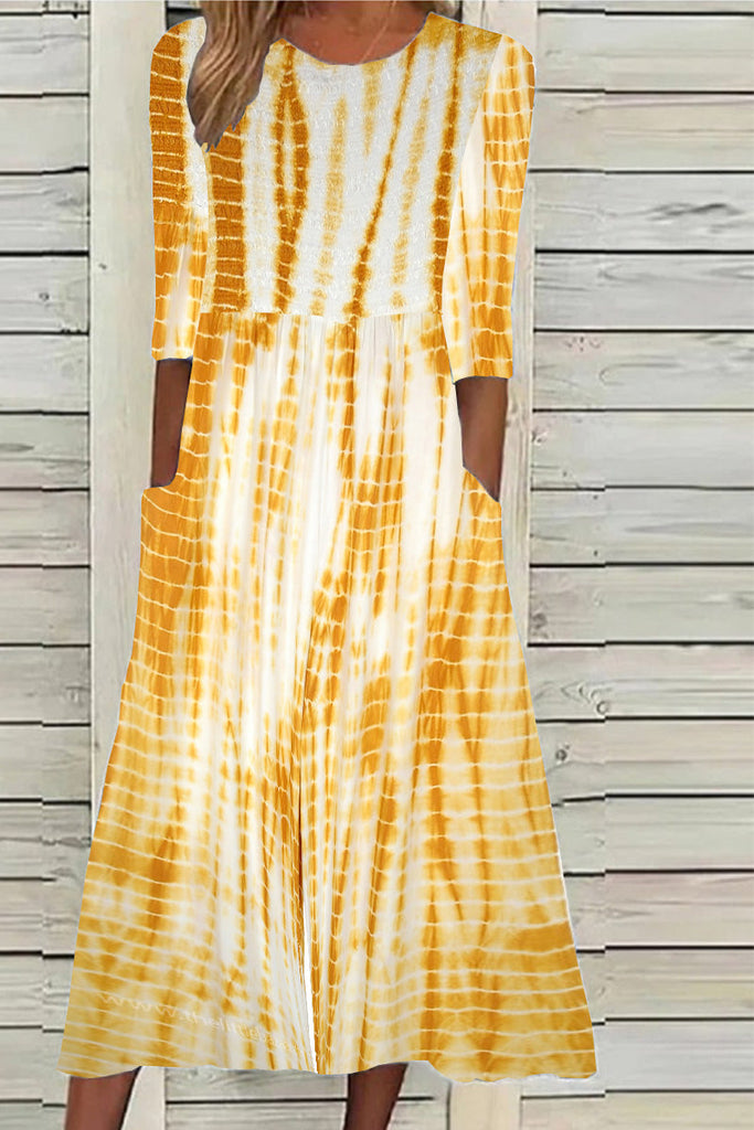Women's Casual Stitching Tie-dye Lines Printed Scoop Neck Short Sleeve Midi Dress