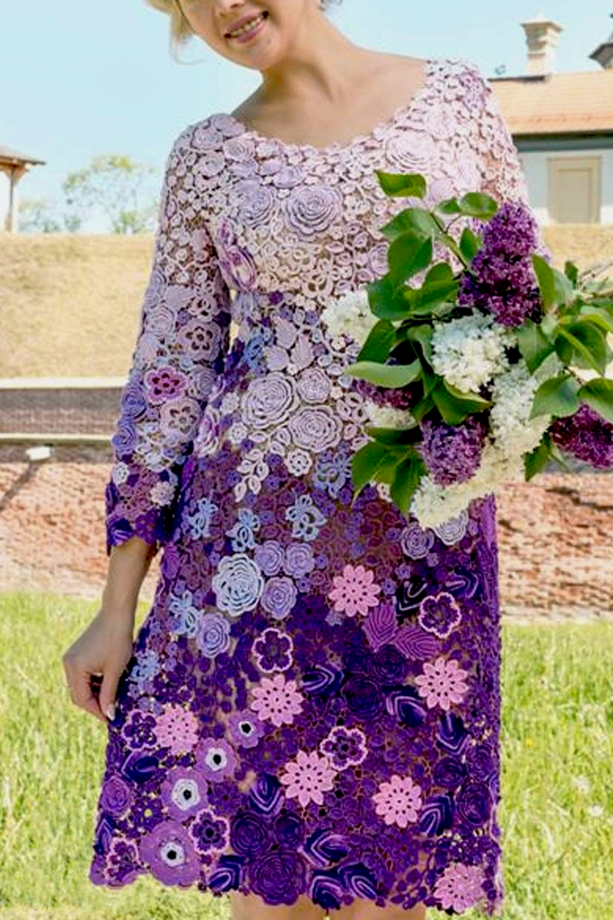Irish Crochet Lace Gradient Purple Pattern Midi Dress